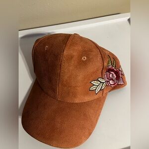 Mudd Suede Tan Cap with Floral Embroidery